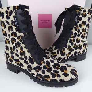 Kate Spade New York Merigue Leopard Print Knit Fabric Combat Boot Booties NIB